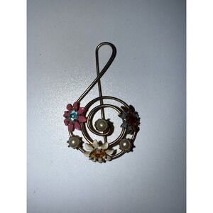 Vtg Unbranded Gold-Tone & Floral Treble Clef Musical Note Brooch